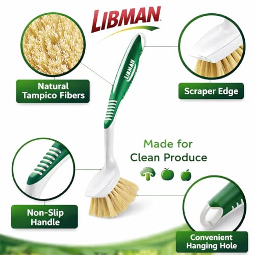 LIBMAN Vegetable Brush Scrubber for Food - 3 Pk Veggie Scrubber with Handle - Fruit Produce Mushroom Potato Brush - Natural Tampico Fibers, Firm Soft Bristles, Gentle on Produce; Tough on Dirt
