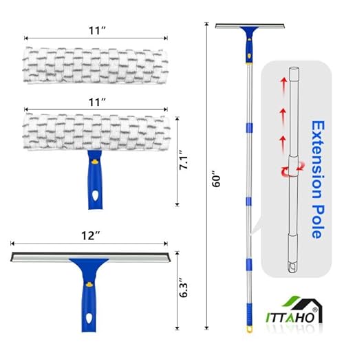ITTAHO Window Squeegee with Extension Pole, Separate 12" Squeegee & 11" Microfiber Scrubber Heads, Window Cleaning Kit for Hard-to-Reach Windows, Shower Doors, Car Windshields, Indoor Outdoor-2 Pads