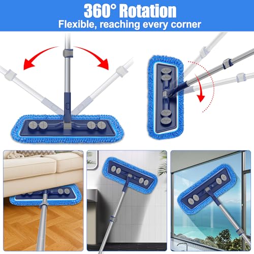FORSPEEDER Microfiber Mops for Floor Cleaning - Dust Mop for Hardwood Floors with 55” Adjustable Handle 3 Thickened Washable Pads - Wet Dry Mopping for Pet Hairs Walls Tile Wood Laminate Home Kitchen