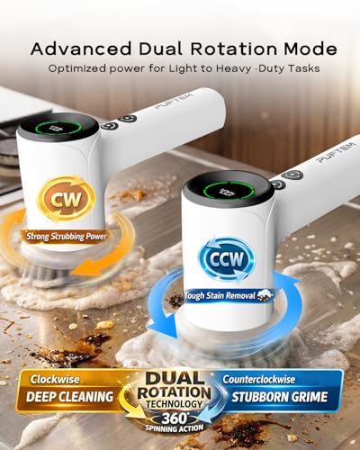 PUFTEM Shower Scrubber, Electric Spin Scrubber for Bathroom Cleaning – Cordless Shower Cleaner Brush with 6 Brush Heads, Dual-Direction Rotation, for Grout, Tile, Tub, Sink & Corners, White