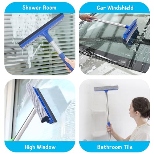 Window Squeegee for Home, 56'' Long Handle Shower Door Cleaner Tool, 2-in-1 Glass Scrubber for Car Windshield Cleaning