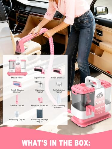 Portable Carpet & Upholstery Cleaner Machine for Pet Stains, Powerful Suction Spot Cleaner for Couch, Sofa, Car Interior & Rugs, Lightweight Compact Deep Cleaning Machine with Solution, Pink