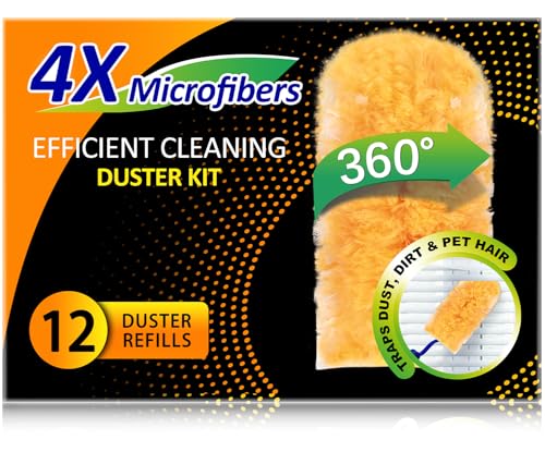 Heavy Duty Multi Surface 360°Heavy Duty 12 Duster Refills & 1 Handle, Compatible with Swiffer Dusters，Disposable Dusters for Cleaning
