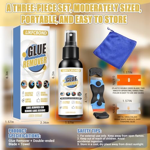 LIKFCBOND Adhesive Remover Spray 100ml, 3.38floz Sticker Remover Spray Set with Scraper and Towel, for Cars, Windows, Glass, Plastic, Labels, Decals, Tape Residue
