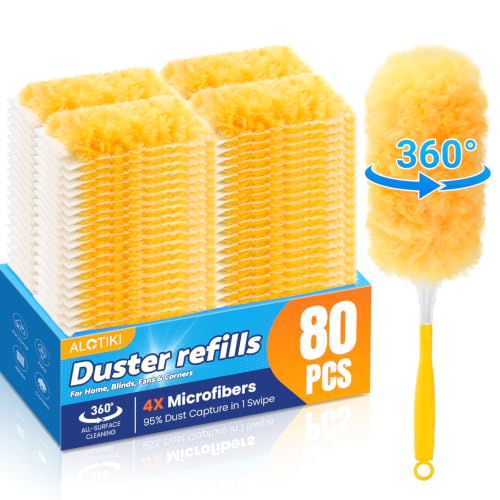 Alotiki Heavy Duty Duster Refills, 80 Count 360° Double-Sided Duster Refill and 2 Yellow Handle, Disposable Dusters Refill for Daily Dust Cleaning, Electronics, Furniture, Blinds, Ceiling Fans