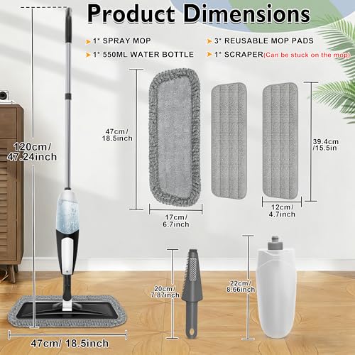 TRAV-ROUND Spray Mop for Floor Cleaning: Microfiber Wet Dry Mop for Hardwood Laminate Tile Wood Vinyl, 360° Swivel Head Lightweight Flat Floor Mops with 3 Washable Reusable Pads & Refillable Bottle