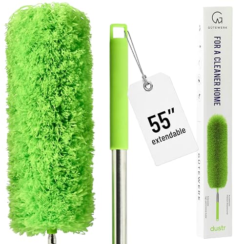 Gütewerk Extendable Microfiber Duster, 55 Inch - Feather Dusters for Cleaning Ceiling Fans, Blinds, Baseboards & High Ceilings - Washable, Electrostatic, 360° Bendable Head, Stainless Steel Pole