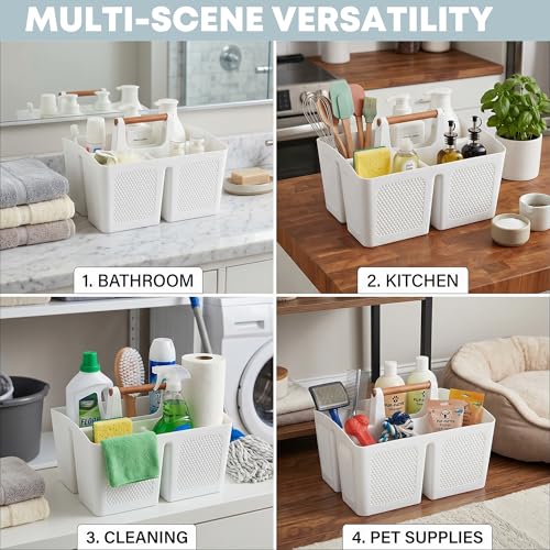 Haundry Plastic White Shower Caddy Basket with 3 Compartments, Portable Divided Bathroom Cleaning Caddy Organizer Storage Tote with Handle for Dorm, College, Room Essentials