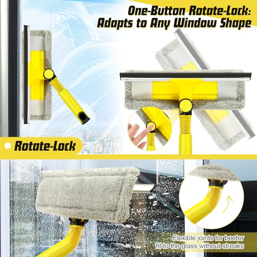 Window Squeegee with Extension Pole for Home, Professional Squeegee for Window Cleaning Tool Kit with Scrubber, 2 in 1 Rotatable Window Washing Kit for Car Glass Shower Indoor & Outdoor High Windows