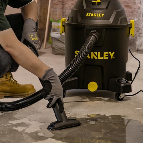 STANLEY 10 Gallon Wet Dry Vacuum, 6 Peak HP Poly Built-in Drain Shop Vac Blower with Powerful Suction, Multifunctional Shop Vacuum W/ 6 Horsepower Motor for Job Site, Garage, Basement, Van, Workshop
