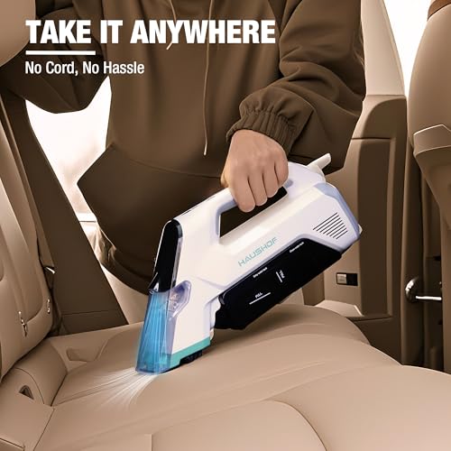 HAUSHOF Handheld Carpet Cleaner, 12V Cordless Portable Carpet Cleaner, 6.5KPa Spot Cleaner with 2 Water Tanks, Type-C Charge, Spot & Stain Cleaner, Handheld Upholstery Cleaner for Stairs, Car