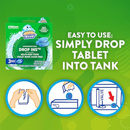 Scrubbing Bubbles Continuous Clean Toilet Drop-Ins, Automatic Blue Toilet Bowl Cleaner, Septic-Safe Tank Tablets Remove Hard Water Minerals & Limescale, Stain & Smell Protection, 3 Count (Pack of 1)