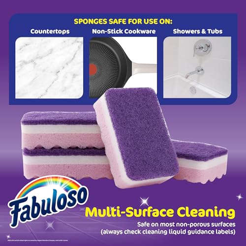 Fabuloso Scratch-Free Kitchen Dish Sponges Purple Cellulose Scrubber Sponge with Scouring Pad Dishes Pots Pans Counters and Sinks Tough on Messes 4.25 x 2.75 x 1.25 in 4 Count Single Pack Value