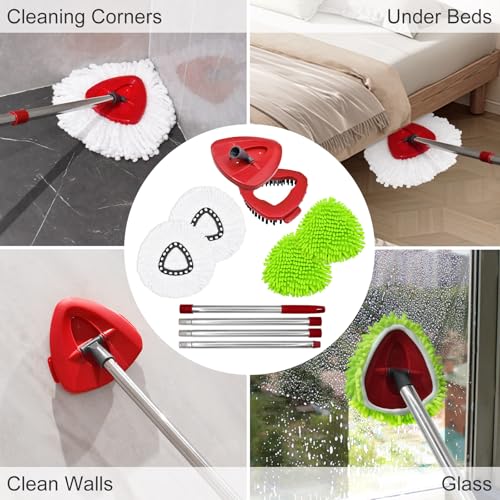 Hezane 4 Pack Replacement Mop Heads& Handle Scrub Brush and Base Combo Set Compatible with Ocedar Spin Mops Refills，30-58" Mop Handle and Microfiber Head Refills for Cleaning