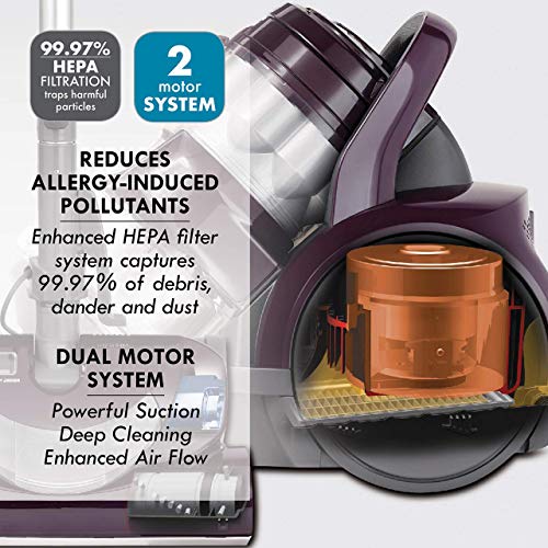 Kenmore 22614 Pet Friendly Lightweight Bagless Compact Canister Vacuum with Pet Powermate, HEPA, Extended Telescoping Wand, Retractable Cord and 2 Cleaning Tools-Purple