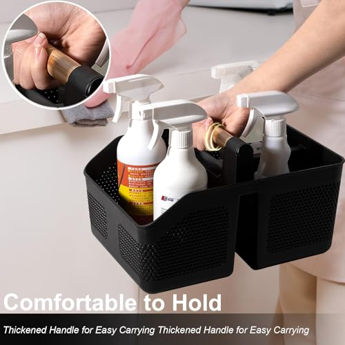 rejomiik Shower Caddy Portable with Bamboo Handle, Plastic Basket Cleaning Caddy Organizer Storage Tote for Bathroom, College, Dorm Room Essentials, Black
