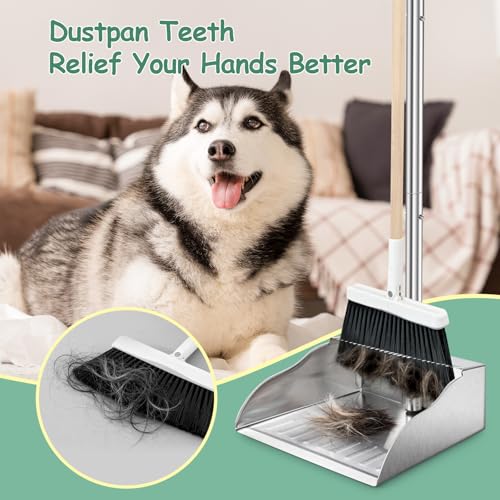 Metal Dust Pans with Long Handle,Heavy Duty Dust Pan with Handle,Upright Stand Up Dustpan with Dust Pan Teeth to Clean Hair for Home Kitchen Office Lobby Floor Garden