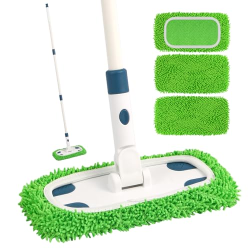 ZHAYAO Reusable Microfiber Floor Mop System, Wet & Dry Sweeper Kit, Includes 1 Sweeper Handle, 3 Washable Chenille Mop Pads, Dry & Wet Use for Hardwood, Tile, and Laminate Floor, Blue