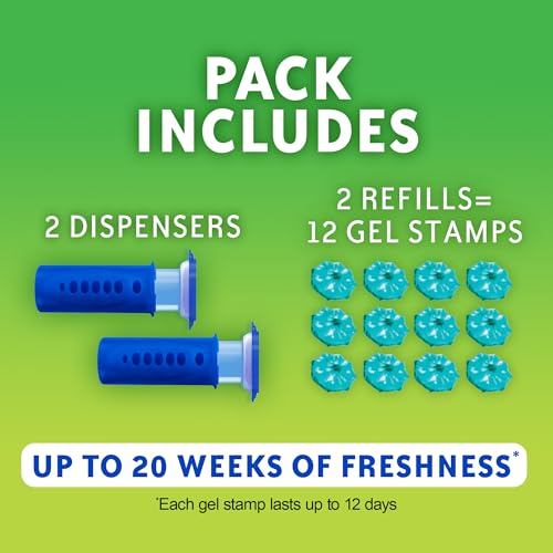Scrubbing Bubbles Fresh Gel Toilet Bowl Cleaning Stamps, Helps Keep Toilet Clean and Helps Prevent Limescale & Rings, Rainshower Scent, 1 Dispenser with 6 Fresh Gel Stamps (Pack of 2)