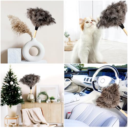 2pcs Ostrich Feather Dusters Natural Feathers Duster with Wooden Handle Natural Ostrich Feathers for Home Cleaning and Office Finishing Duster(2pcs，Length14”