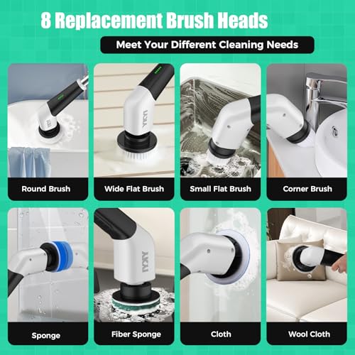 YKYI Electric Spin Scrubber, Cordless Power Scrubber Cleaning Tool with 8 Replaceable Heads and Extension Handle for Bathroom, Tub, Tile, Floor, Grout and Car (White)