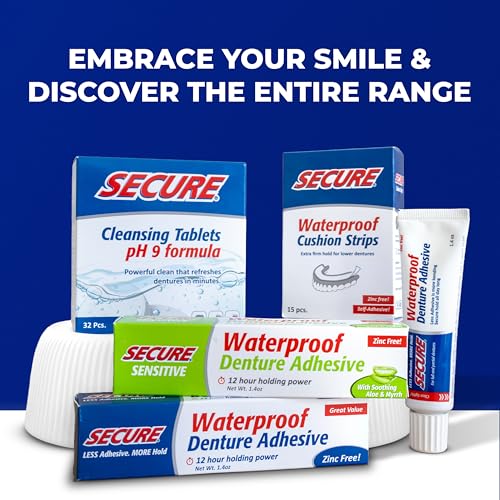 Secure Daily Cleansing Tablets - pH 9 Formula Thoroughly Cleans Dentures - Fights Odors, Stains & Germs - For Dentures, Nightguards, Retainers & Partials - 32 Tablets (1 Pack)