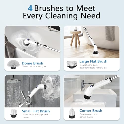 TUYU Electric Spin Scrubber, Full-Body IPX7 Waterproof Bathroom Scrubber with Power LCD Display, Adjustable Extension Handle, Cordless Shower Cleaner Brush for Bathtub Kitchen Wall Cleaning