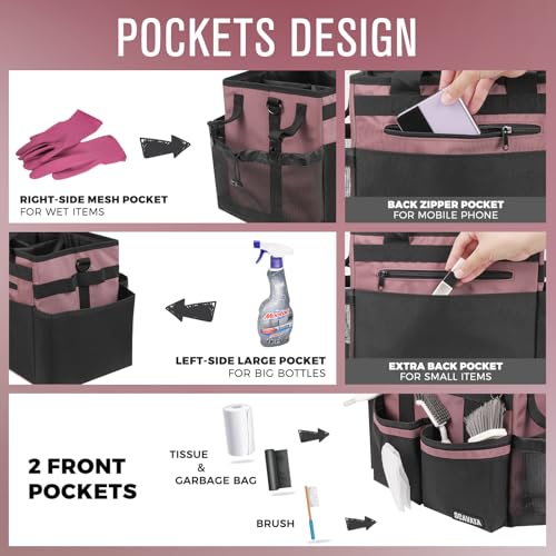 SCAVATA Compact Wearable Cleaning Caddy, Small Cleaning Caddy Supplies Organizer with Handle & Shoulder Straps for Housekeepers, Under Sink & Car Cleaning Tool Organizers Bag (LotusPink)