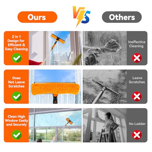Window Cleaning Tools Window Squeegee: 2 in 1 Double-Sided Professional Cleaner Window Washing Kit with Extension Pole 20+ Ft Duster for High Ceilings Microfiber Scrubber for Indoor Outdoor High Glass