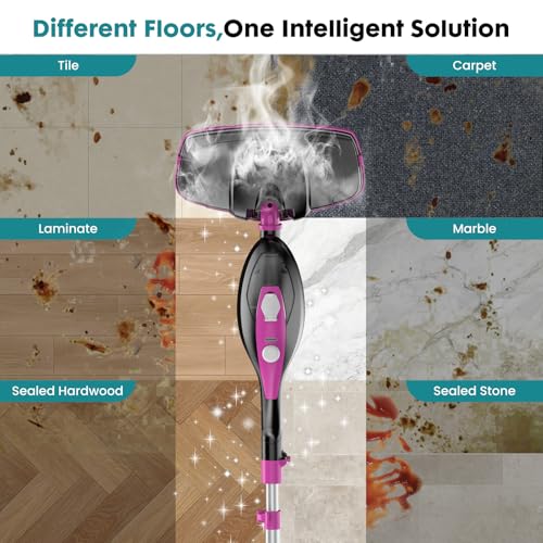 OLIXIS 10-in-1 Steam Mop, 1550W Detachable Handheld Steam Cleaner for Floor Cleaning, 16.4FT Cord, 2 Washable Pads, Multi-Purpose Floor Steamer for Hardwood, Carpet, Tile, Grout, Windows, Black Pink
