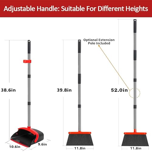 2-Pack is More economical,Brooms with Dustpan Combo Set， with 52" Long Handle, Dustpan Teeth with self-Cleaning Function, Indoor and Outdoor Sweeping, Perfect for Home Office (Large/Red /2-Pack)