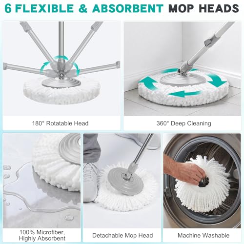 Sarkunpio Mop and Bucket Set with Wringer, Spin Mop Floor Cleaning System with 6 Replacement Microfiber Heads & 61" Extra-Long Handle for Home Floor, Blue
