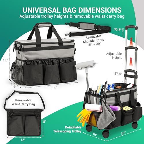 THKW Large Rolling Cleaning Caddy Bag w/Detachable Trolley & Lid - Portable Cleaning Cart on Wheels w/Shoulder Strap & Waist Pouch - Cleaning Supplies & Tool Organizer for Home, Office, Car (Gray)