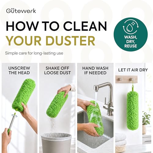 Gütewerk Extendable Microfiber Duster, 55 Inch - Feather Dusters for Cleaning Ceiling Fans, Blinds, Baseboards & High Ceilings - Washable, Electrostatic, 360° Bendable Head, Stainless Steel Pole