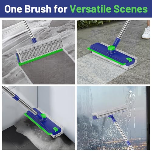 EHADOO Floor Scrub Brush with Long Handle: 3 in 1 Heavy-Duty Floor Scrubber Brush with Squeegee for Cleaning Tile Bathroom Deck Kitchen Patio - Blue