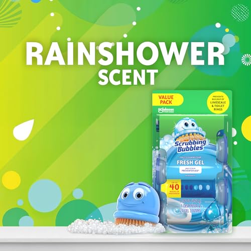 Scrubbing Bubbles Fresh Gel Toilet Bowl Cleaning Stamps, Helps Keep Toilet Clean and Helps Prevent Limescale & Rings, Rainshower Scent, 1 Dispenser with 24 Fresh Gel Stamps
