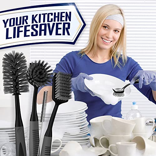 Dish Brush Set of 4 - Kitchen Scrub Brushes with Non-Slip Long Handle for Cleaning, Scrubber, Dishwashing, Dishes, Bottles, Straws, Cups, Pots & Sink, Black