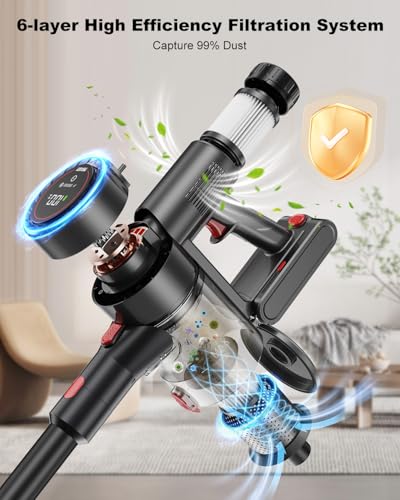 Prasky Cordless Vacuum Cleaner, Stick Vacuum Rechargeable, 550W 45KPA Powerful Suction Lightweight Vacuum Cleaners for Home, Anti-Tangle, Self Standing for Pet Hair Hardwood Floor Carpet - Black