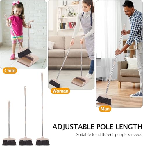 XXFLOWER Broom and Dustpan Set with Long Handle, Light Weight Stainless Steel Poles Stand Upright Dustpans with Broom Combo for Home Kitchen Office Pet Dog Hair, Brown & Beige Color, 1-Pack