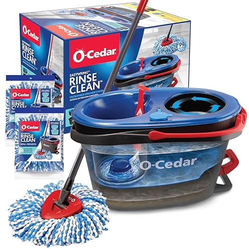 O-Cedar RinseClean Spin Mop & Bucket System + 2 Extra Mop Heads | Clean with Water | Removes 99% of Bacteria