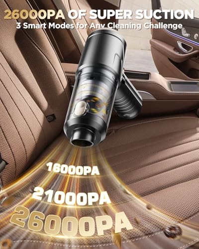 Svoko Handheld Vacuum Cleaner 26000Pa Suction with Brushless Motor, 4-in-1 Portable Mini Car Vacuum with 3 Suction Modes, Cordless Vacuum with LED Light, Type-C Charge for Car, Office Desk, Keyboards