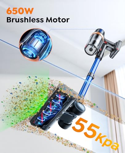Cordless Vacuum Cleaner, 650W 55KPA 70Mins Vacuum Cleaners for Home, Upgraded Stick Vacuum with Mattress Cleaning Tool, Wall Mount Charging, Auto Mode, Self-Standing Vacuum for Pet Hair/Floors/Carpets