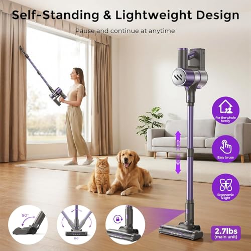 Cordless Vacuum Cleaner,Vacuum Cleaner for Home with Brushless Motor,Lightweight Stick Vacuum with Self-Standing and Touch Screen,Hardwood Floor Vacuum for Pet Hair,Carpets,Tile(Eggplant Purple)