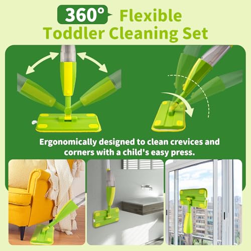Lullulii Kids Spray Mop, Fun & Functional Toddler Mop Cleaning Set,Real Working Mini Mop, Pretend Play Toy –Includes Spray Bottle,Washable Microfiber Pads, Montessori Kids Cleaning Toy Set -Green