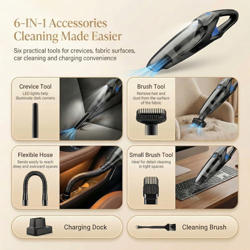 Handheld Vacuum Cordless, 25000Pa Powerful Suction Car Vacuum Portable Cordless with 8000mAh Battery & LED Light, Hand Held Vacuum Rechargeable with HEPA Filters, Home, Car Seats, Pet Hair Blue