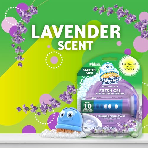 Scrubbing Bubbles Fresh Gel Toilet Bowl Cleaning Stamps, Helps Keep Toilet Clean and Helps Prevent Limescale & Rings, Lavender Scent, 1 Dispenser with 6 Fresh Gel Stamps