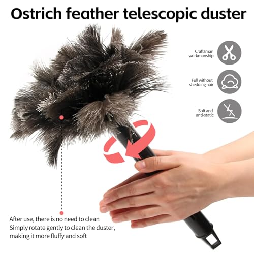 FeelfunFeather Retractable Feather Duster-Genuine Ostrich Feathers,Anti-Static,Reusable Eco-Friendly Handheld Cleaning for Keyboard,Home,Car,Office(10 to 15 Inches) 1 Pack