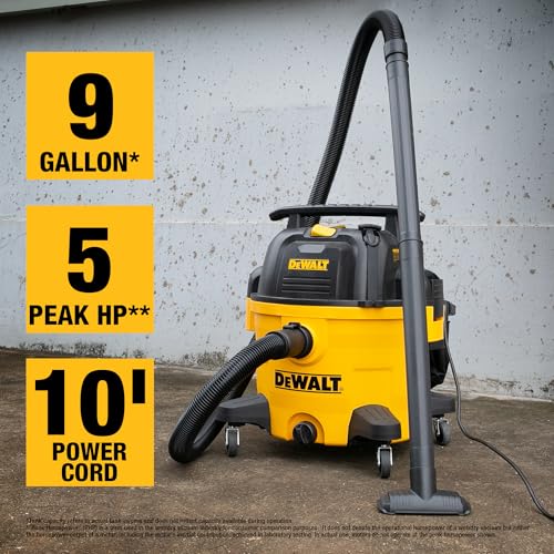 DEWALT Wet and Dry Vacuum 9 Gallon Poly Wet/Dry Vac Yellow Shop Vacuum 5 HP Strong Suction for Jobsite, Workshop 3 in 1 Multi Functions Model: DXV09P