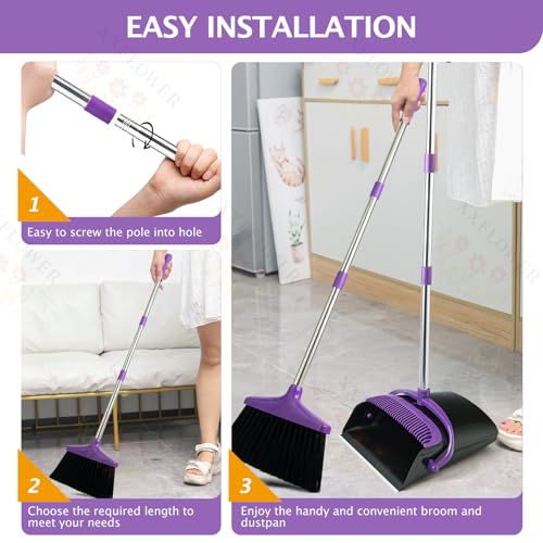 XXFLOWER Broom and Dustpan Set with Long Handle, Light Weight Stainless Steel Poles Stand Upright Dustpans with Broom Combo for Home Kitchen Office Pet Dog Hair, 1-Pack (Purple)