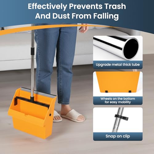 REEWII Large Commercial Dustpan with Comb，Long Handle Upright Heavy Duty Dust Pan Outdoor Indoor for Courtyards, Garages, Lobbies, Shopping Malls, Market Floors, Sidewalks, Classroom Floor Cleaning